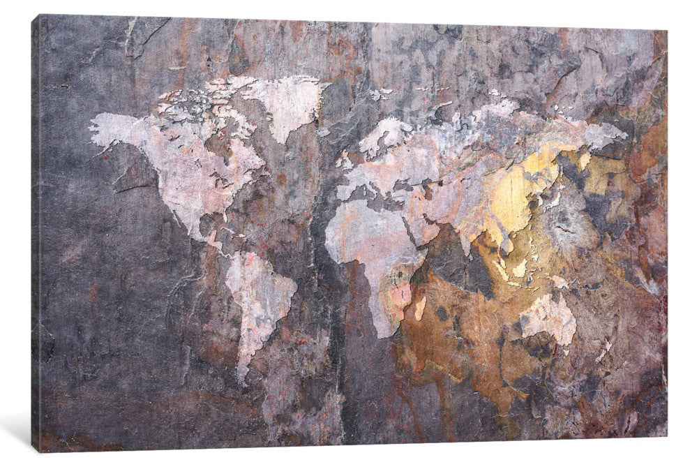 "World Map On Stone Background" Wrapped Canvas Print, 18x12x1.5