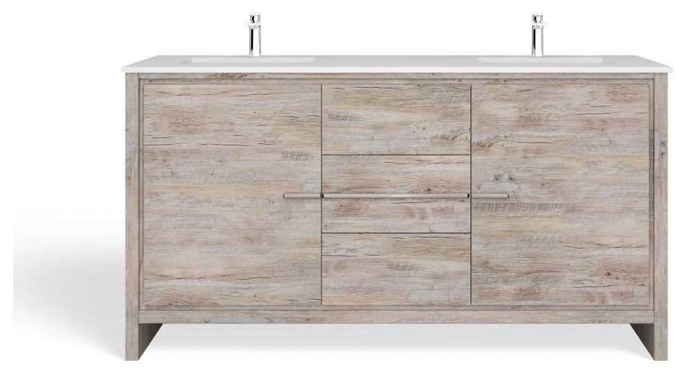 Esconde Bath Vanity, Natural Wood, 60", Double Sink, Freestanding