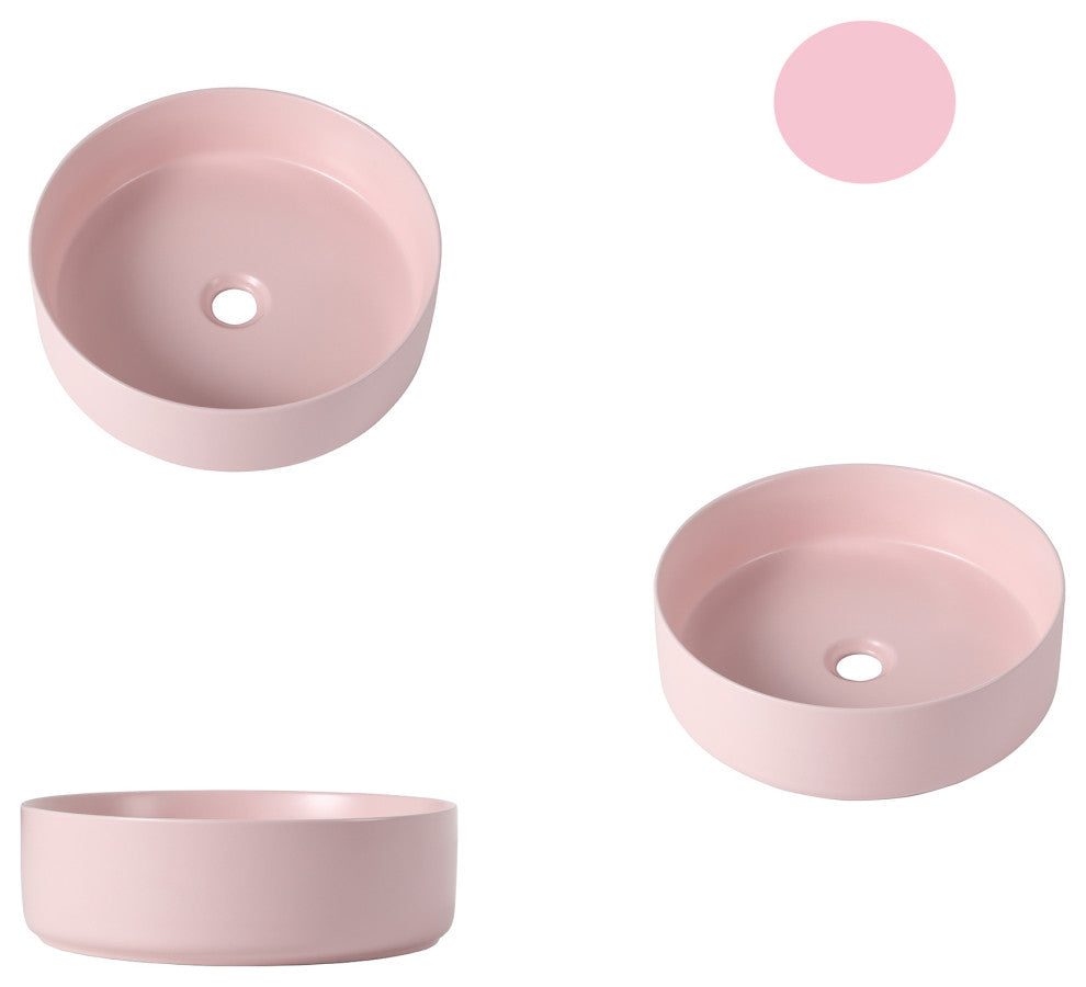 15.7 in Round Bathroom Ceramic Vessel Sink, Matt Light Pink