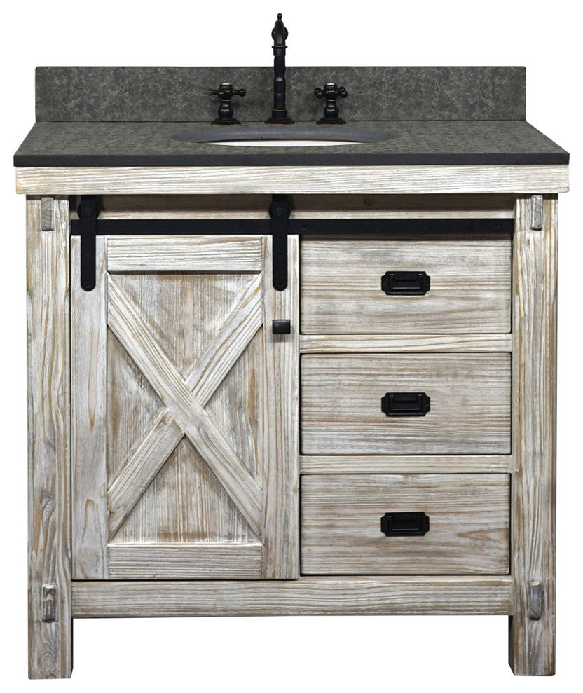 37" Rustic Solid Fir Barn Door Style Single Sink Vanity Marble Top, Wk8536-W+mg Top