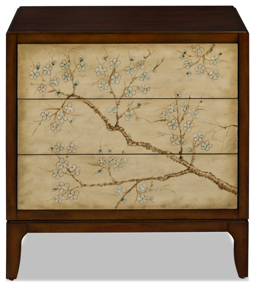 Hand Painted Cherry Blossom Motif Oriental Chest of Three Drawers