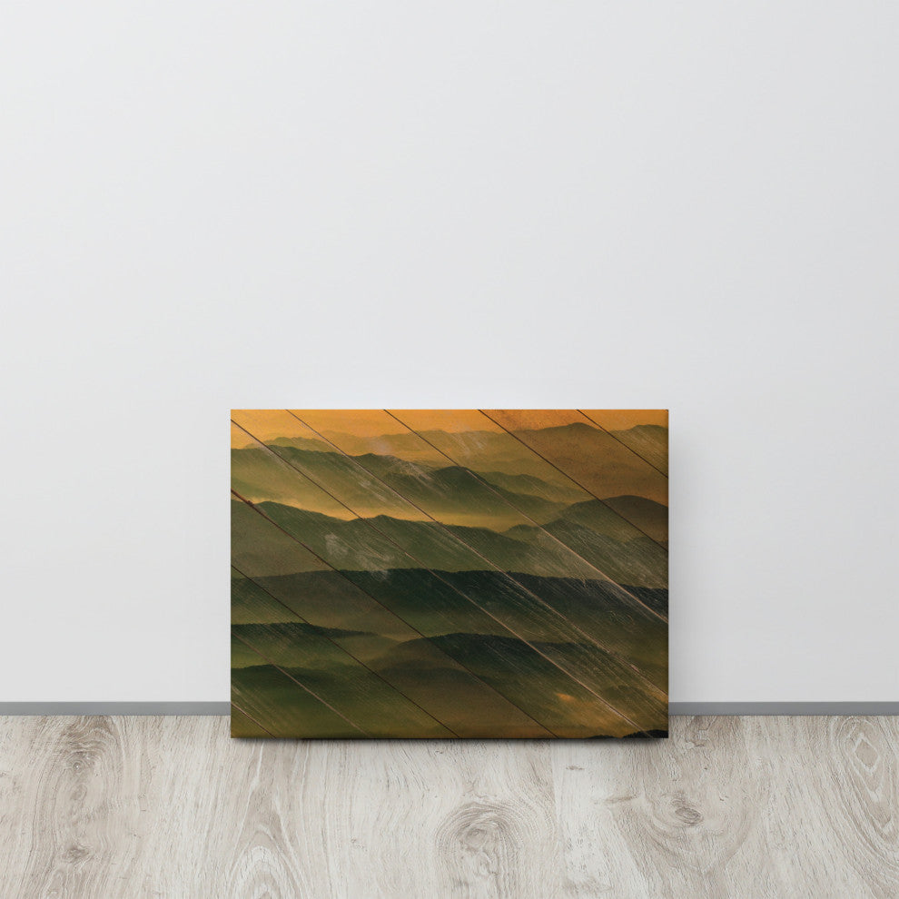 Faux Wood Foggy Mountain Layers at Sunset Landscape Canvas Prints, 12" X 16"