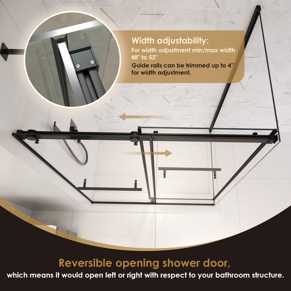 Frameless Exposed Roller Shower Enclosure, Matte Black, 52" W X 76" H