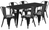 31.5''x63'' Rectangular Metal Indoor Table Set with 6 Stack Chairs, Black