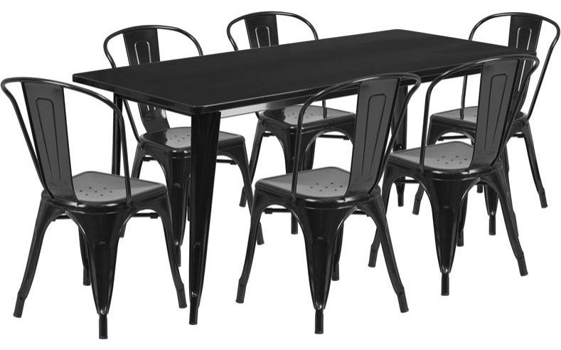 31.5''x63'' Rectangular Metal Indoor Table Set with 6 Stack Chairs, Black