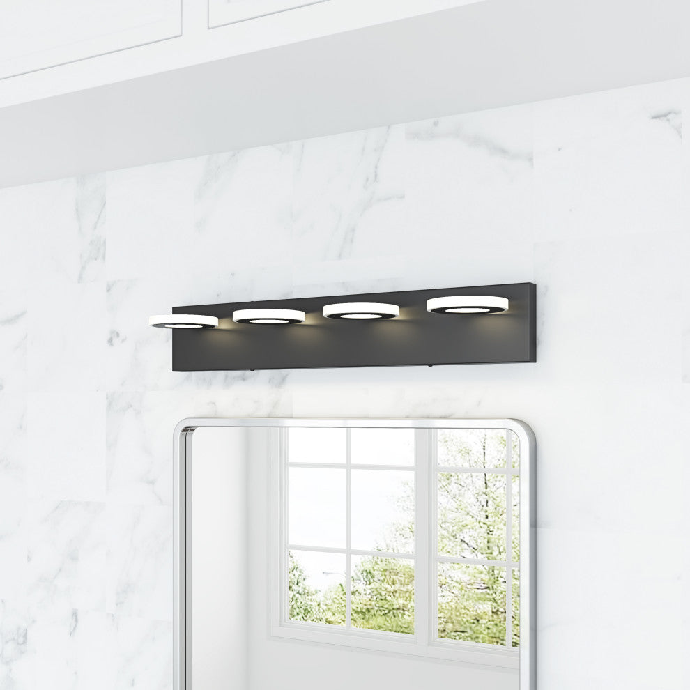 Dimmable 4-Light Round LED Vanity Lighting Fixture for Bathroom Mirror, Black