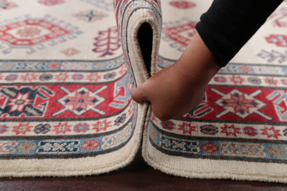 Oriental Traditional Kazak Handmade Pakistani Area Rug, Beige, 9'5"x6'6