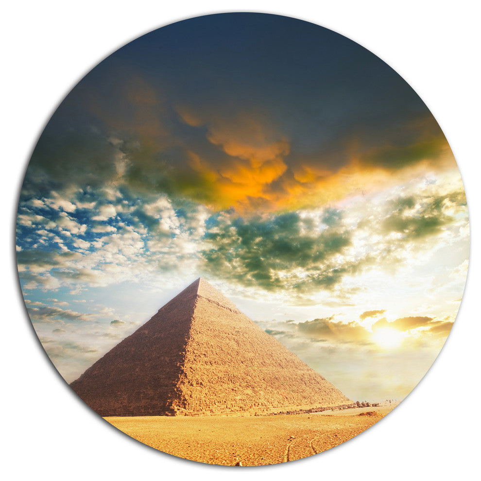 Egyptian Pyramid Under Cloudy Skies, Landscape Disc Metal Artwork, 36"