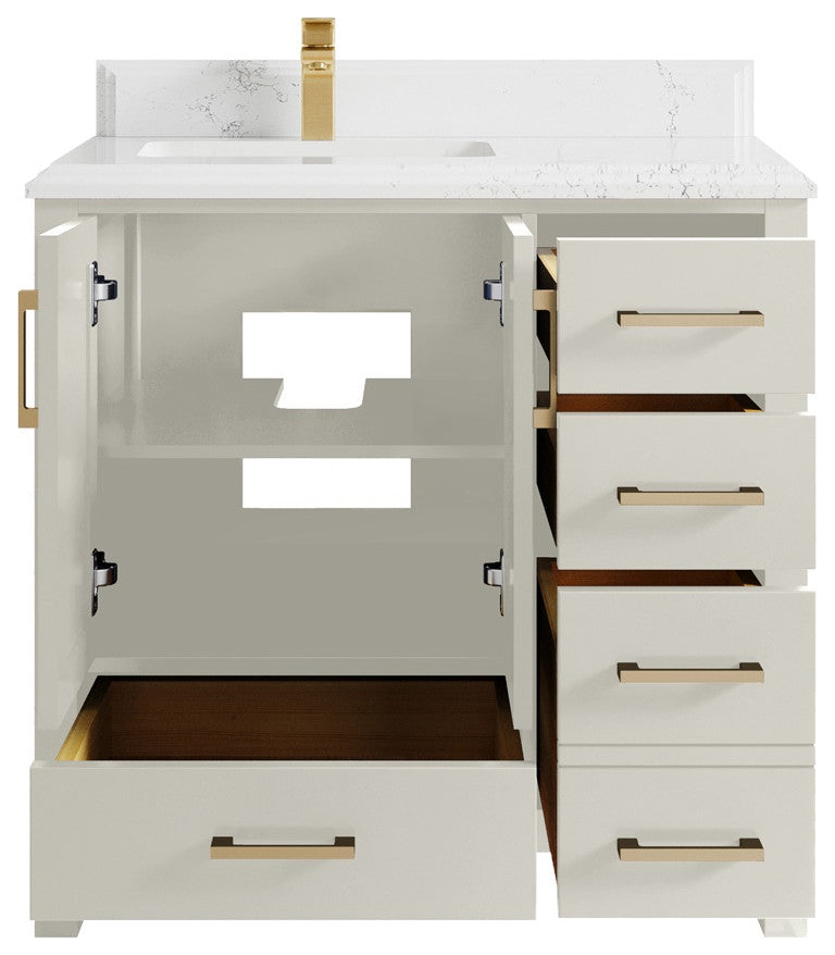 Malibu 36" Left Offset Bath Vanity in Fine Grain 1.5" Empira Quartz