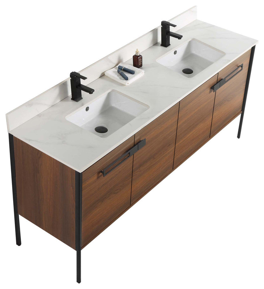 Oakville Bath Vanity, Ceramic Sink, Walnut Ebony, 72 Inch, Black Hardware