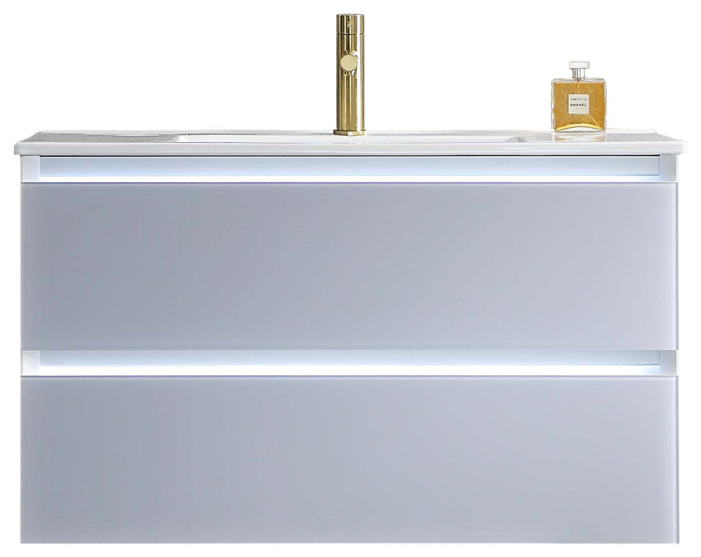 LED Lighted Bathroom Vanity With Ceramic Sink and Dimmed Light, Light Gray, 36"