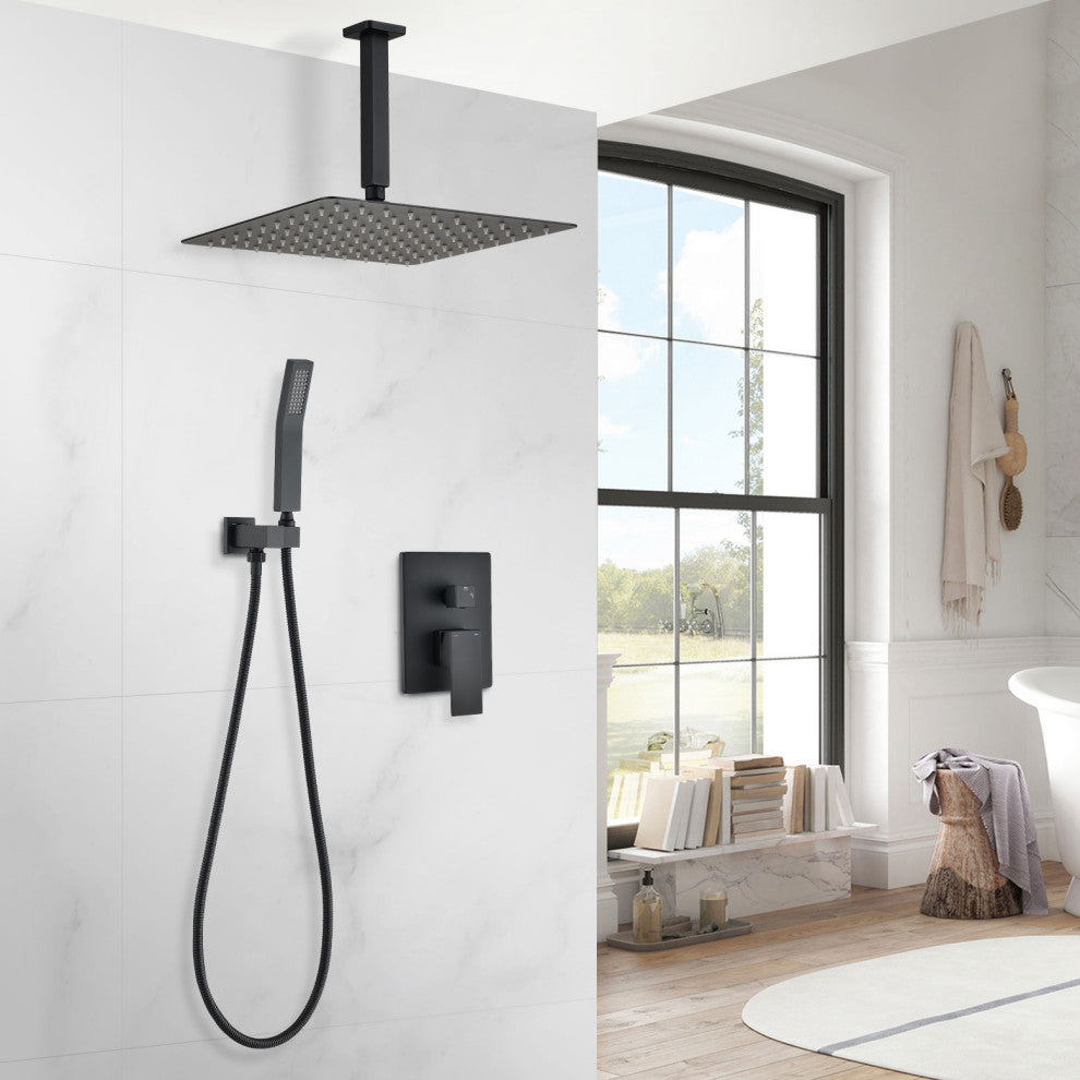 12" Square Rainfall Shower head and Handheld Shower Head Set, Matte Black