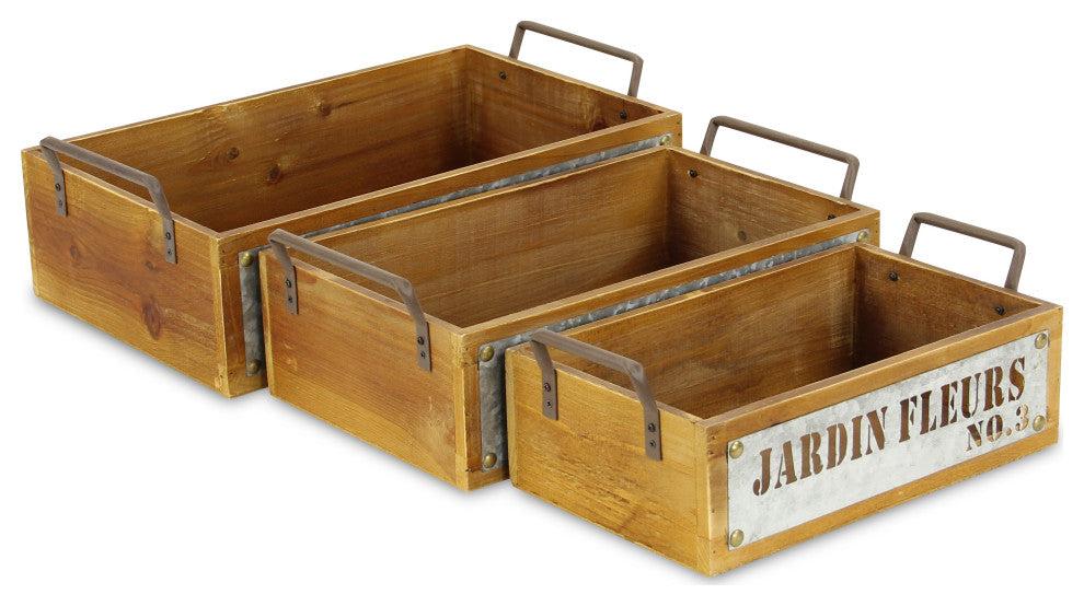 Jardin Fleurs Wood Metal Stamped Crate, Set of 3