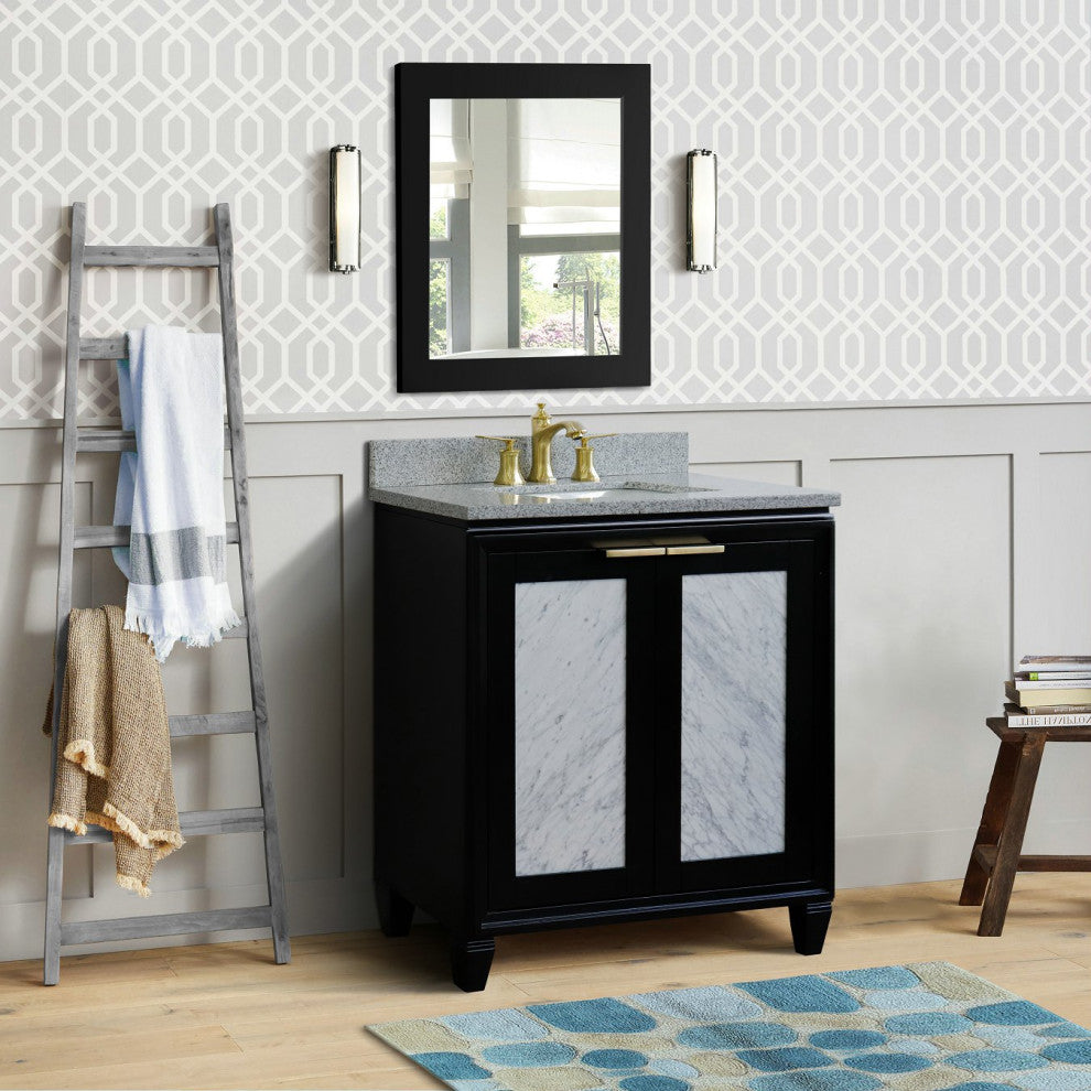31" Single Sink Vanity, Black Finish With Gray Granite With Rectangle Sink