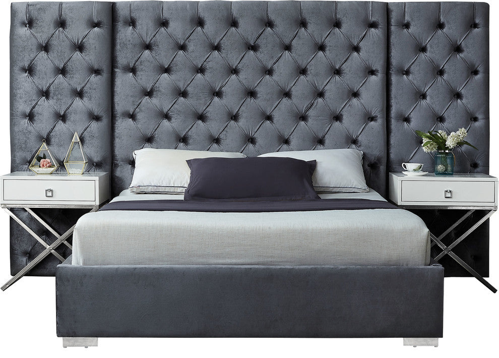 Grande Velvet Bed, Gray, Queen