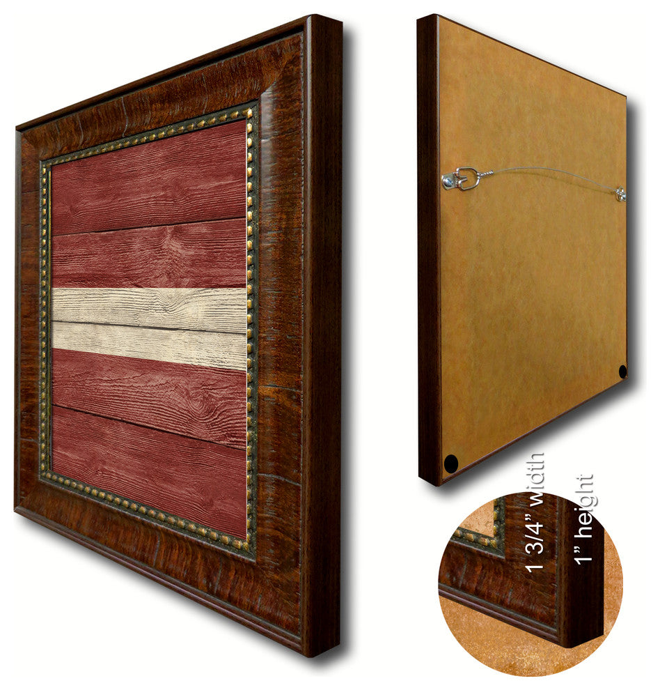 Latvia Country Textured Flag Print With Brown Gold Frame, 19"X27"