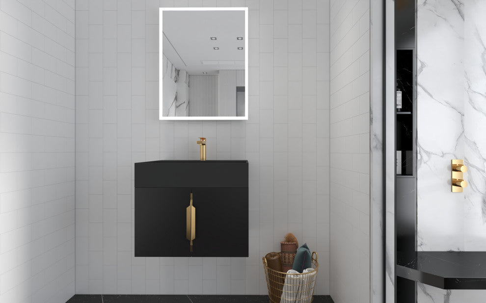 CastelloUSA Amazon 24" Wall Mounted Bathroom Vanity Set, Black, Black Top, Gold