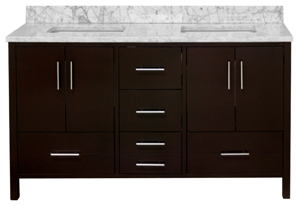 California 60" Bathroom Vanity, Chocolate, Carrara Marble, Double