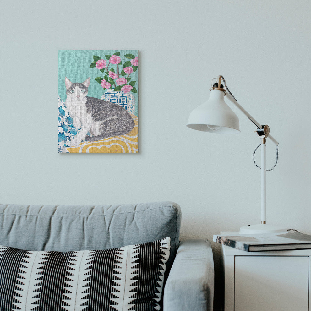 Cat With Cushion And Vase Pastel Animal Painting, 16"x20"
