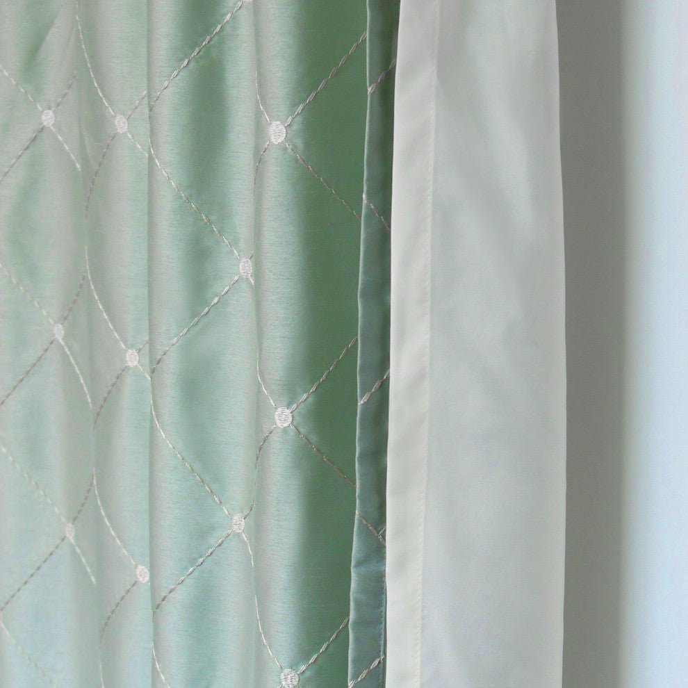 Doris Diamond Embroidery Faux Silk Curtain Set, Silver Blue, 60"x96"