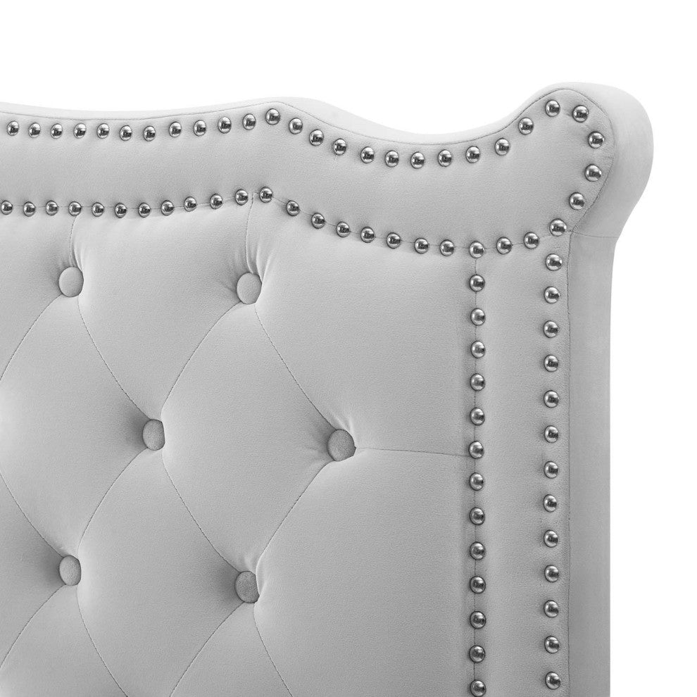 Headboard, Full Queen Size, Velvet, Light Gray, Modern Contemporary