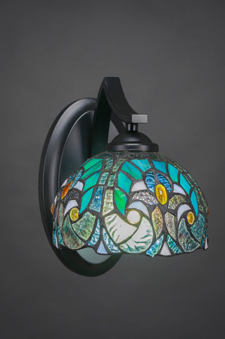 Zilo Wall Sconce, Matte Black, 7" Turquoise Cypress Tiffany Glass