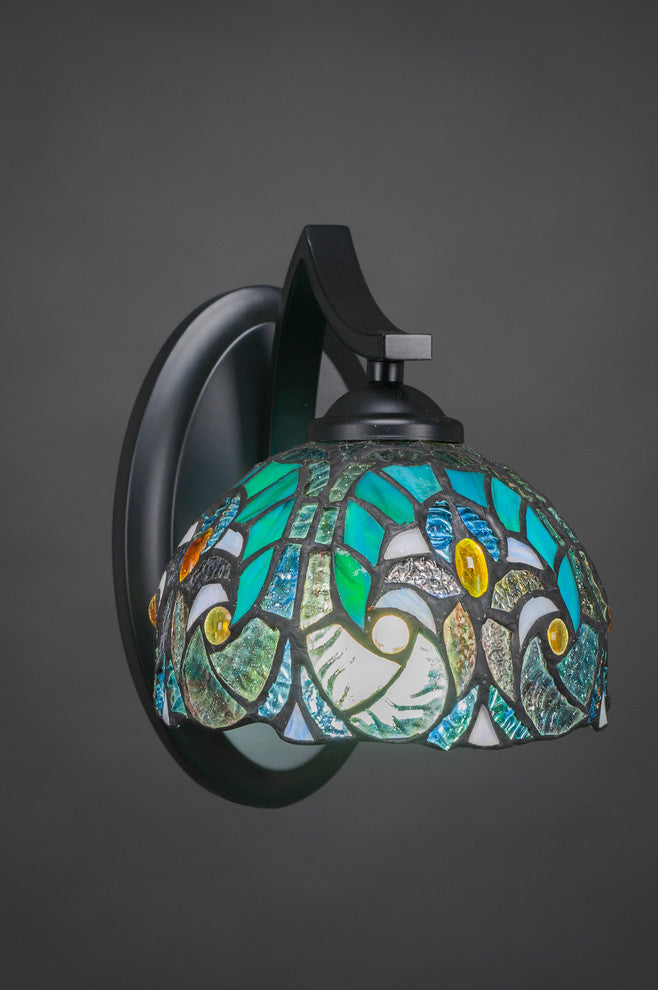Zilo Wall Sconce, Matte Black, 7" Turquoise Cypress Tiffany Glass