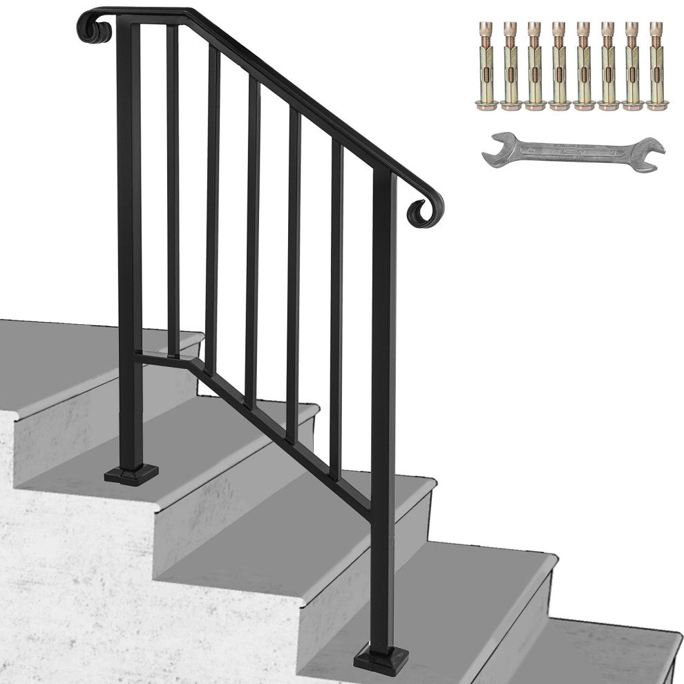 Wrought Iron Handrail Outdoor Stair Rail with Installation Kit, Black, Fit 2-3 Steps