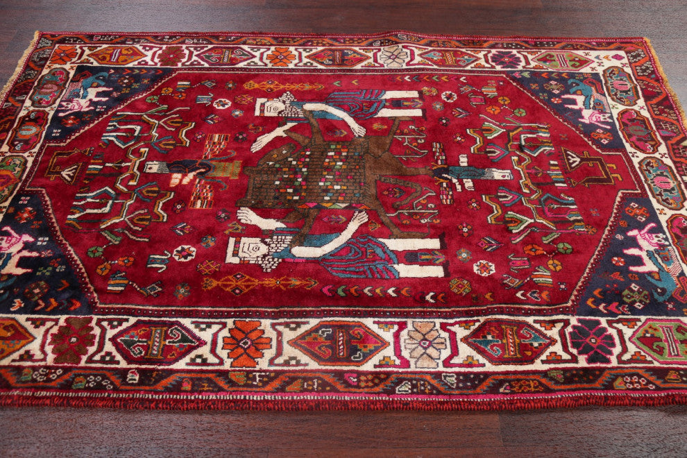 Consigned, Vintage Novelty Traditional Hand Made Persian Area Rug, Red, 4x6