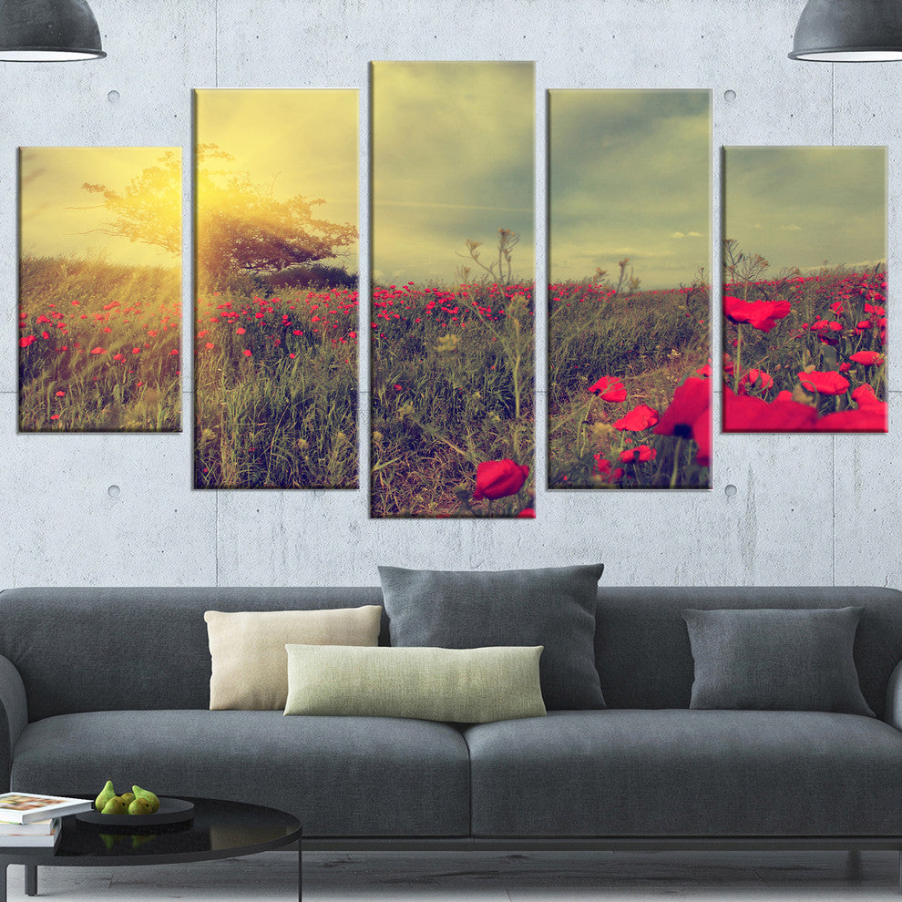 Vintage Photo of Poppies at Sunset, Large Floral Canvas Print, 60"x32", 5 Panels