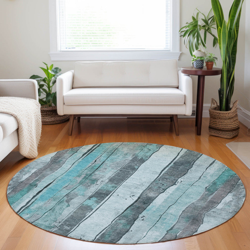 Machine Washable Indoor/Outdoor Chantille ACN1874 Teal 8' x 8' Round Rug
