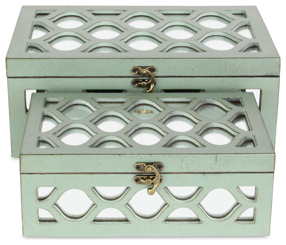 Moroccan Mirrored Wooden Boxes, Blue, Set of 2, Blue