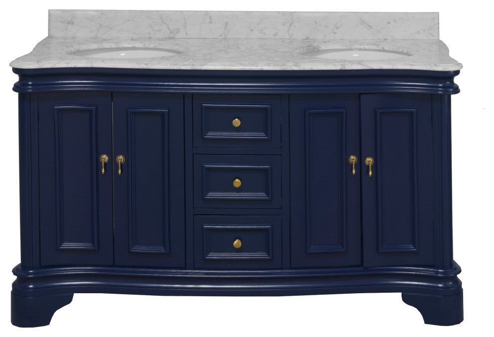 Katherine 60" Bath Vanity, Royal Blue, Carrara Marble, Double Vanity