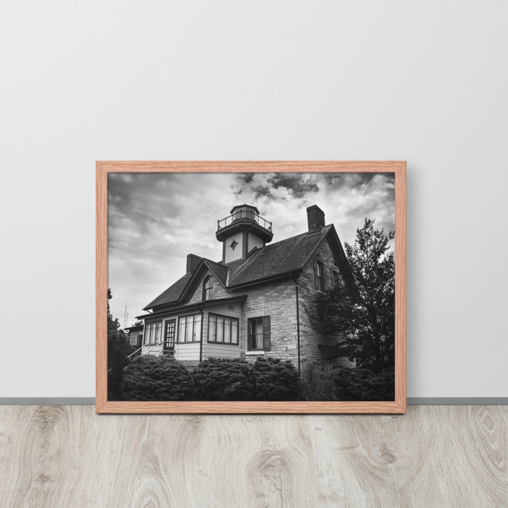 Cedar Point Lighthouse in Black and White Framed Photo Paper Wall Art Prints, Red Oak, 16" X 20"