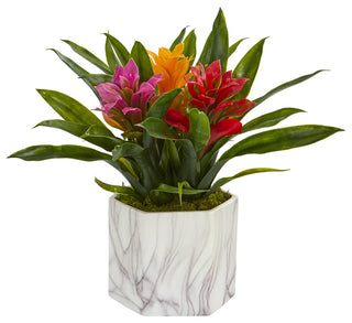 Bromeliad Artificial Plant in Marble Finished Vase, Assorted