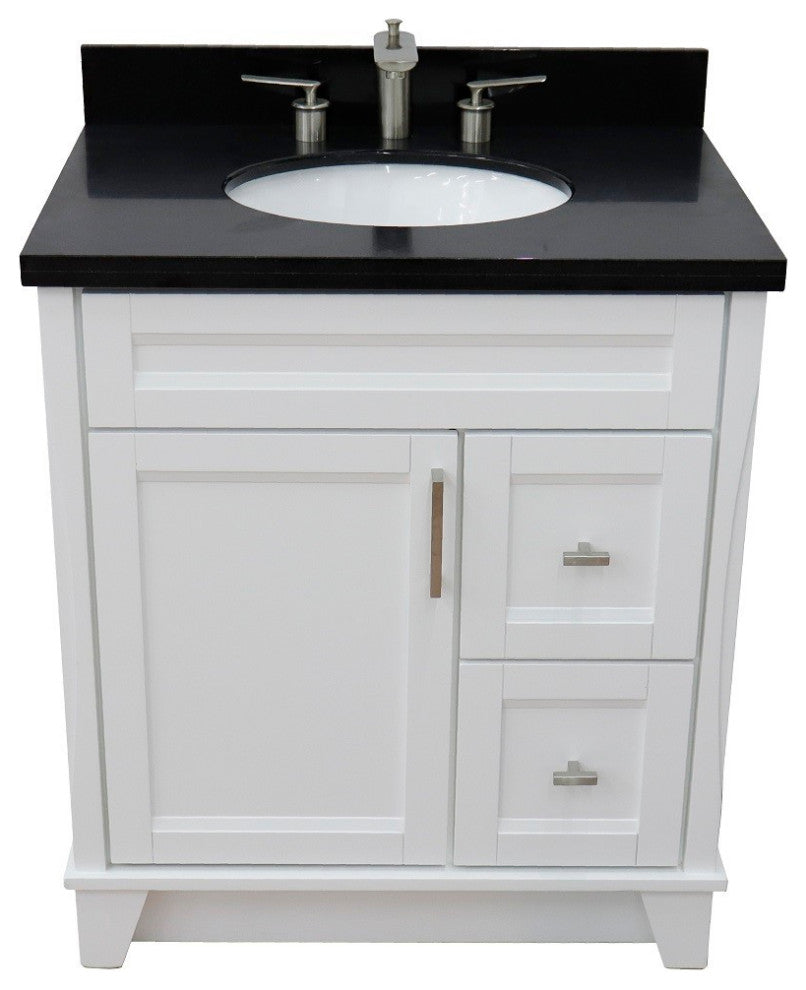 31" Single Sink Vanity, White Finish With Black Galaxy Granite With Oval Sink