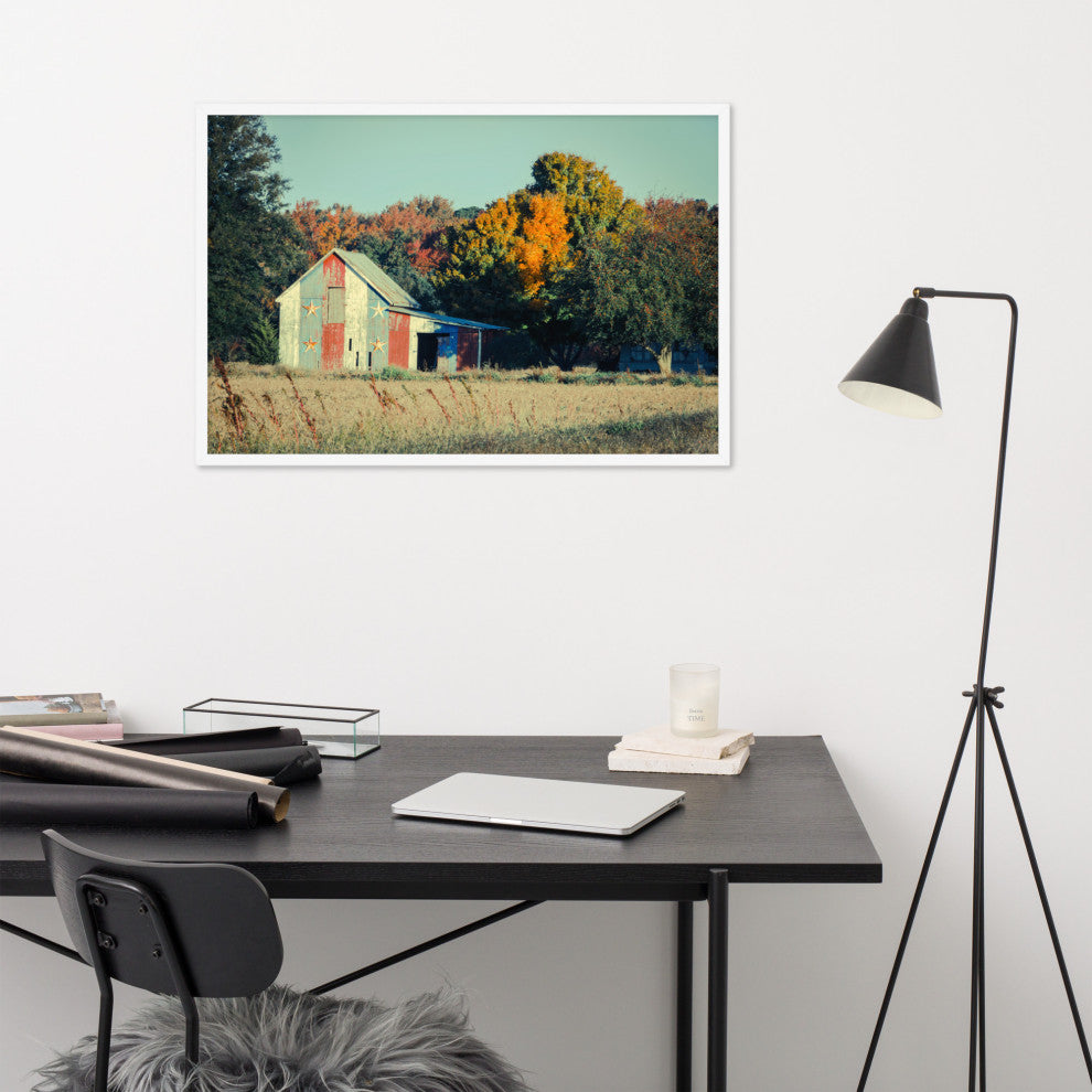 Patriotic Weathered Barn in Field Cross Processed Framed Photo Wall Art Prints, White, 24" X 36"