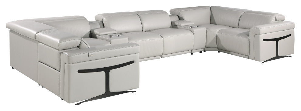 GIOVANNI 8-Piece, 4-Power Reclining Italian Leather Sectional, Light Gray