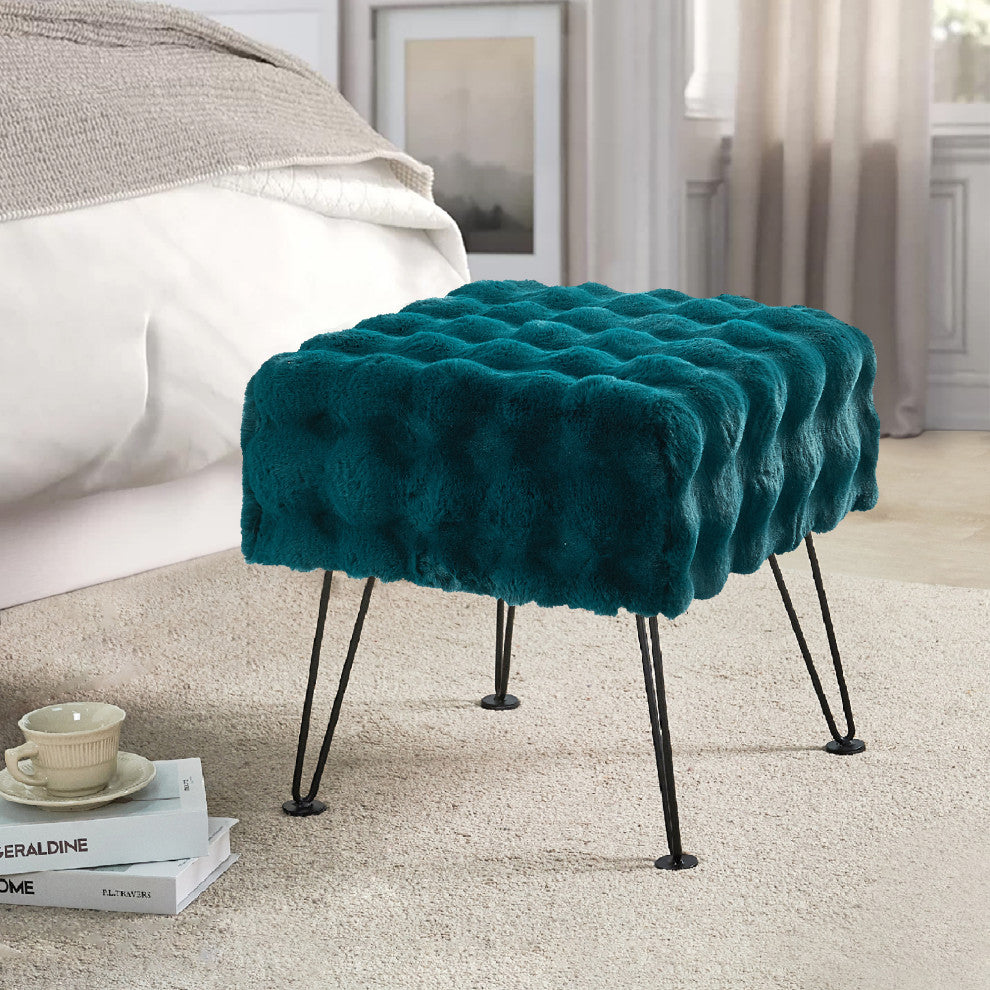 Bubble Square Faux Fur Ottoman Stool, Teal, 17''x17''x17''