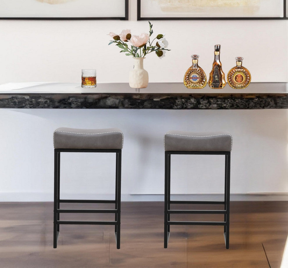 16.54" Gray Backless Metal Barstools With PU Upholstered, Set of 2