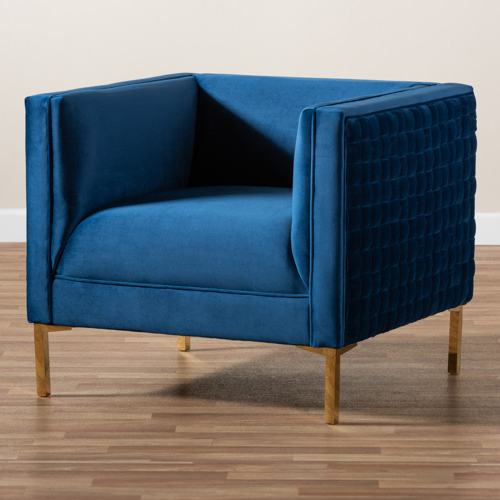Luke Glam and Luxe Navy Blue Velvet Fabric Upholstered Gold Armchair