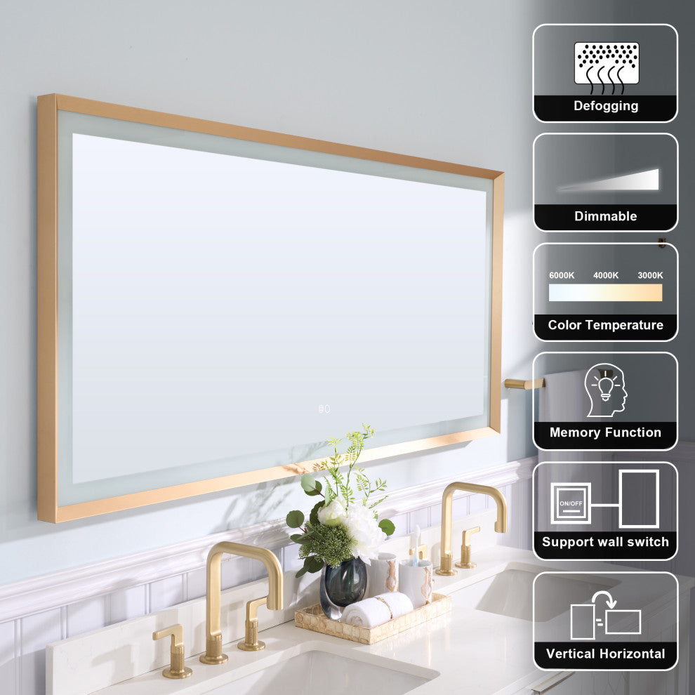 Beveled Bathroom LED Mirror Framed, Backlit and Front Light, Gold, 60"x28"