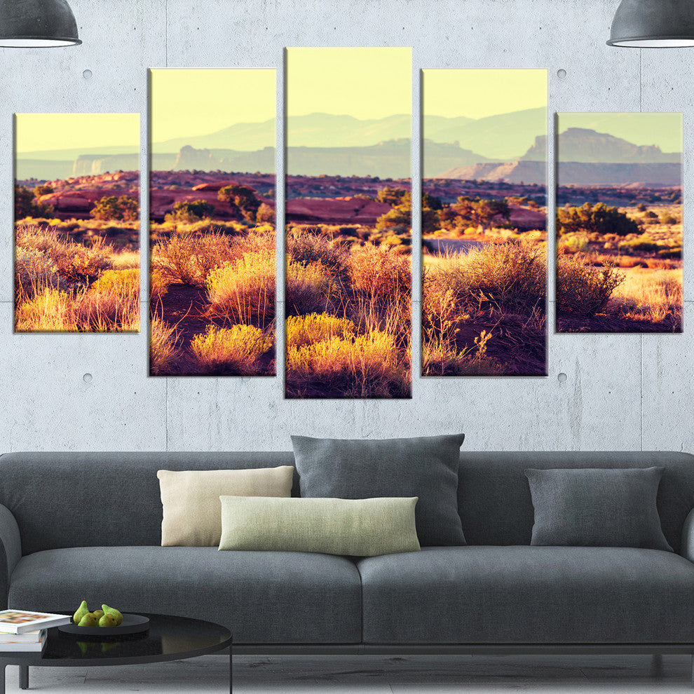 Prairie with Layers of Mountains, Landscape Canvas Art Print, 60"x32", 5 Panels