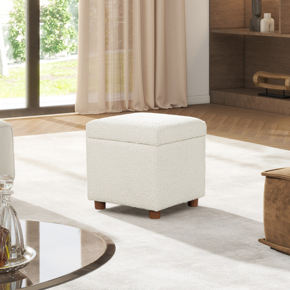 Jacob 18" Storage Cube Ottoman, Ivory White Boucle