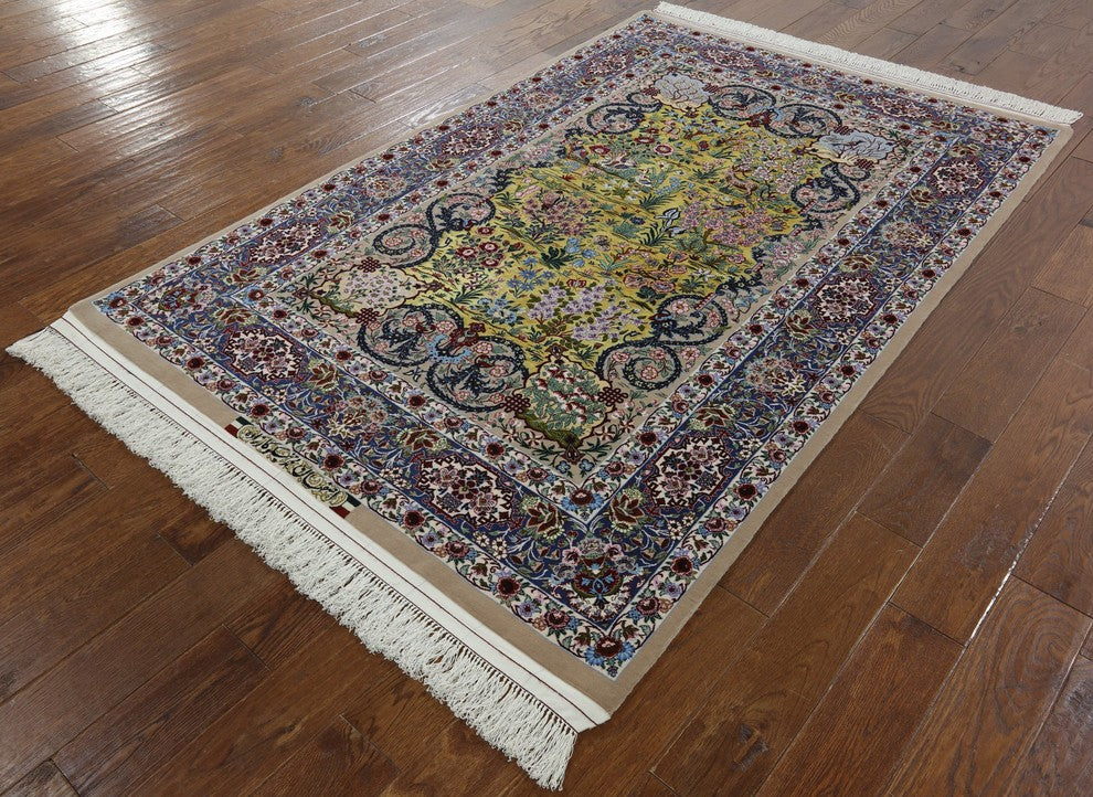 Super Fine Authentic Signed Silk Persian Isfahan Hand Knotted Rug, 5'x7'