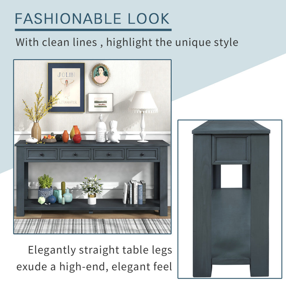 TATEUS 63" Console Table Hallway Sofa Table With Storage Drawers Bottom Shelf, Navy
