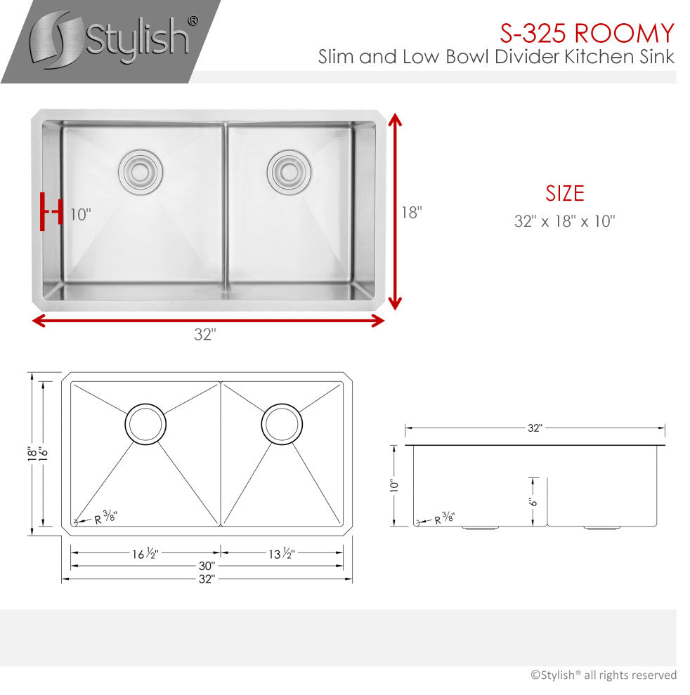 STYLISH 32" x 18" Stainless Steel Low Divider Undermount Kitchen Sink