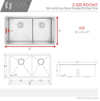 STYLISH 32" x 18" Stainless Steel Low Divider Undermount Kitchen Sink