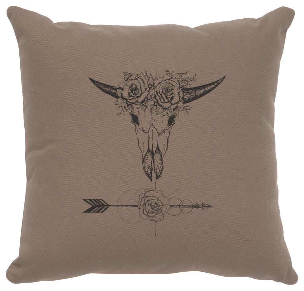 Image Pillow 16x16 Bull and Flowers Cotton Taupe
