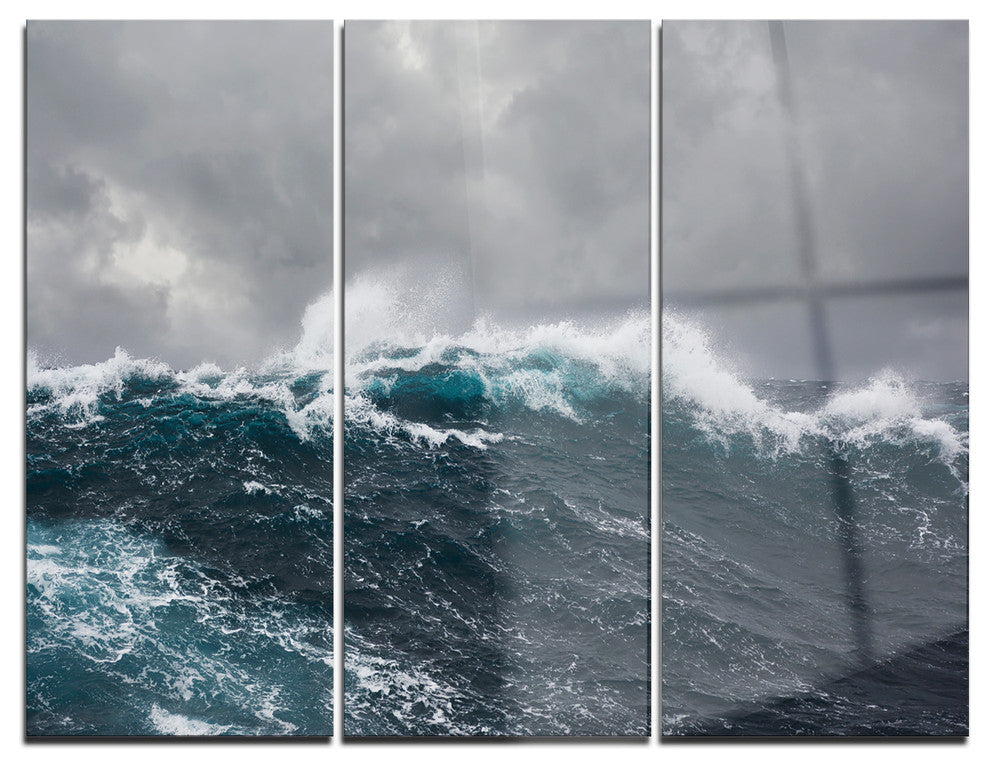 "Roaring Waves Under Cloudy Sky" Metal Wall Art, 3 Panels, 36"x28"